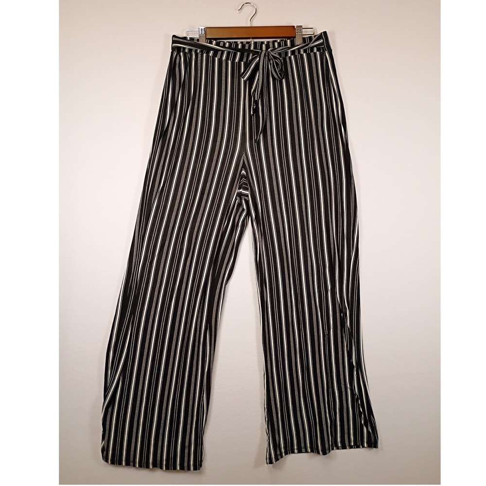 Chic Nautical Bobbie Brooks Women XL Black White Striped Tie Waist Wide Leg Pant